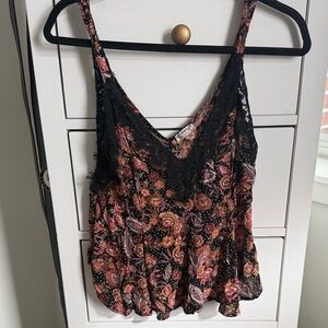 Free People Black and Pink Floral Tank Top Size XS